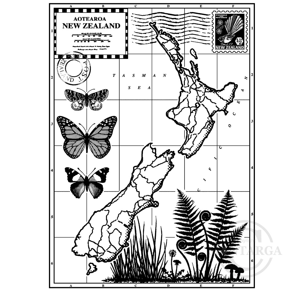 0603 J - Aotearoa New Zealand Map Collage Rubber Stamp