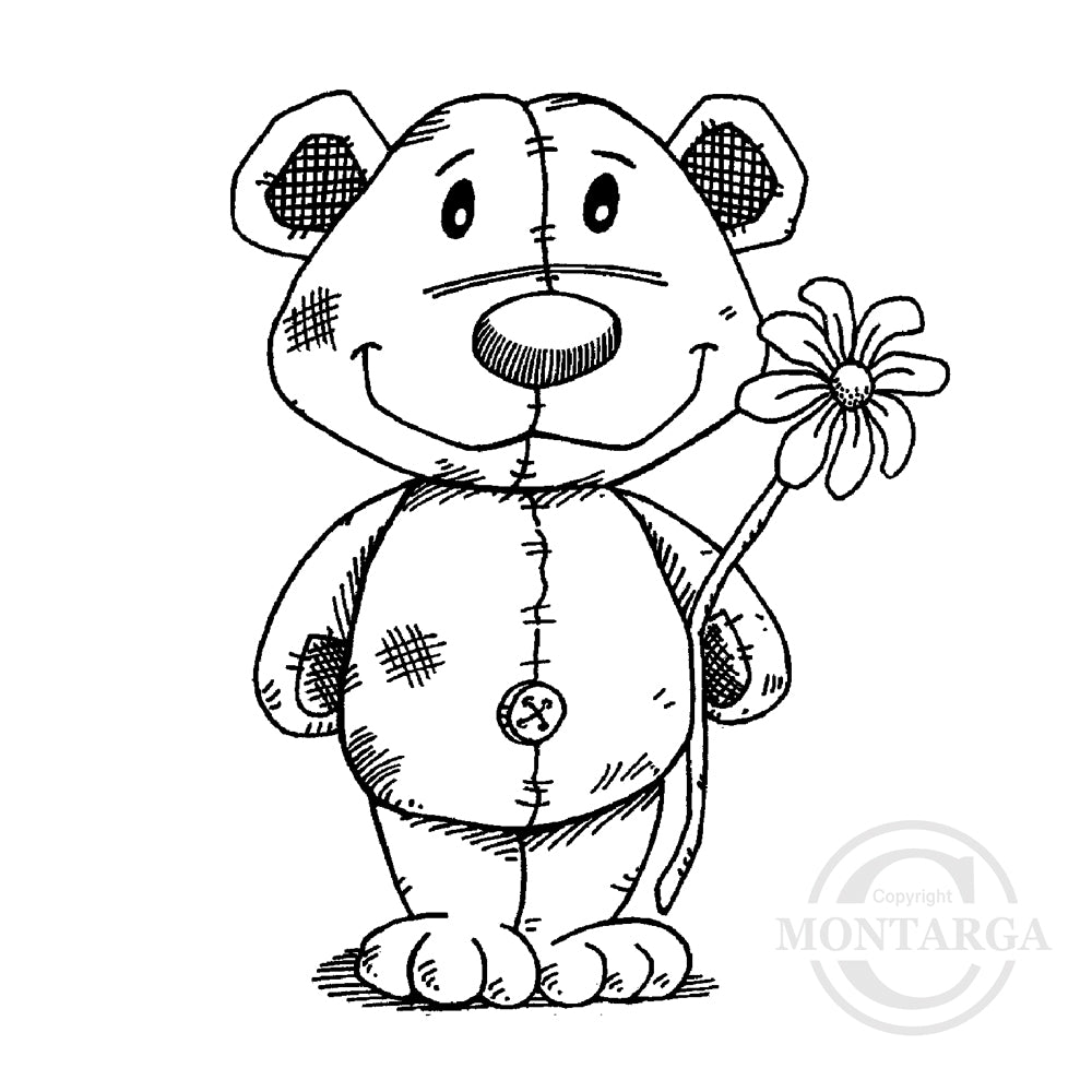 0757 F - Teddy With Flower Rubber Stamp