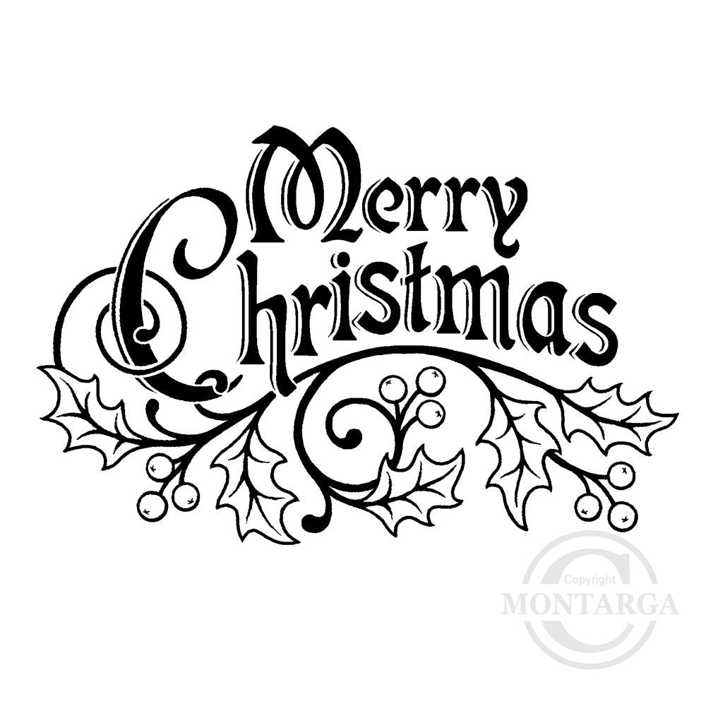 2395 G - Merry Christmas Holly Wording Rubber Stamp