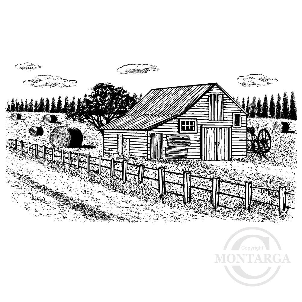2686 GGG - Barn and Paddock Scene Rubber Stamp