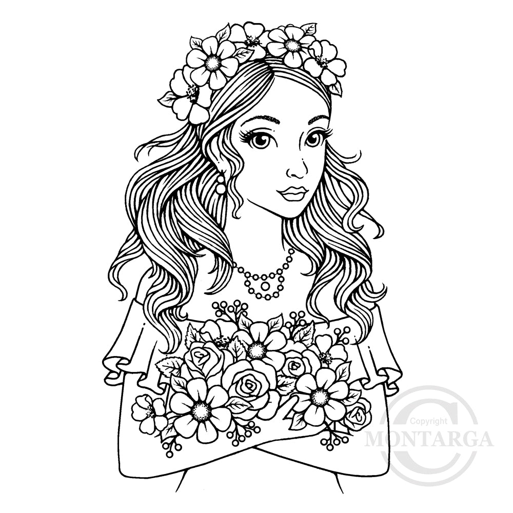 3588 GG - Boho Girl with Flowers Rubber Stamp