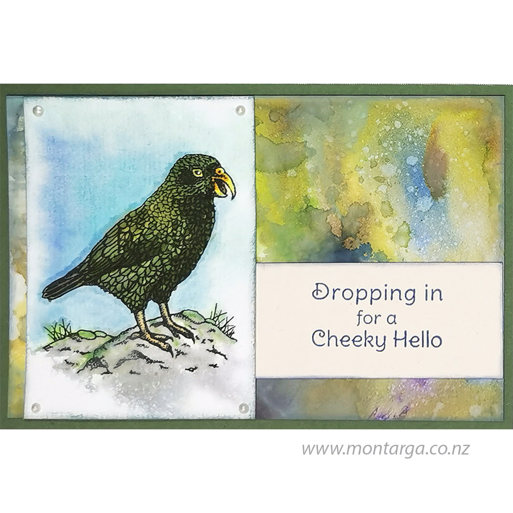 Card Sample - Kea with Distress Ink Background