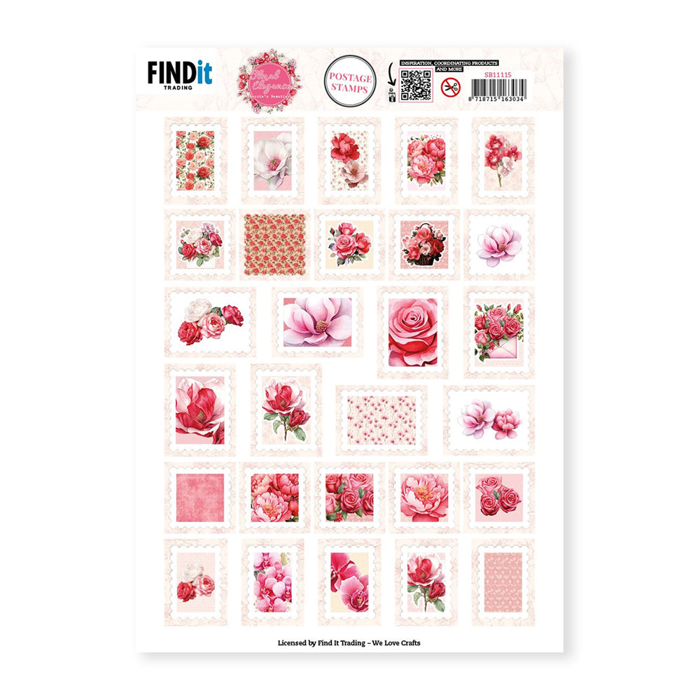 Sheet of decorative postage stamps with floral designs on a white background