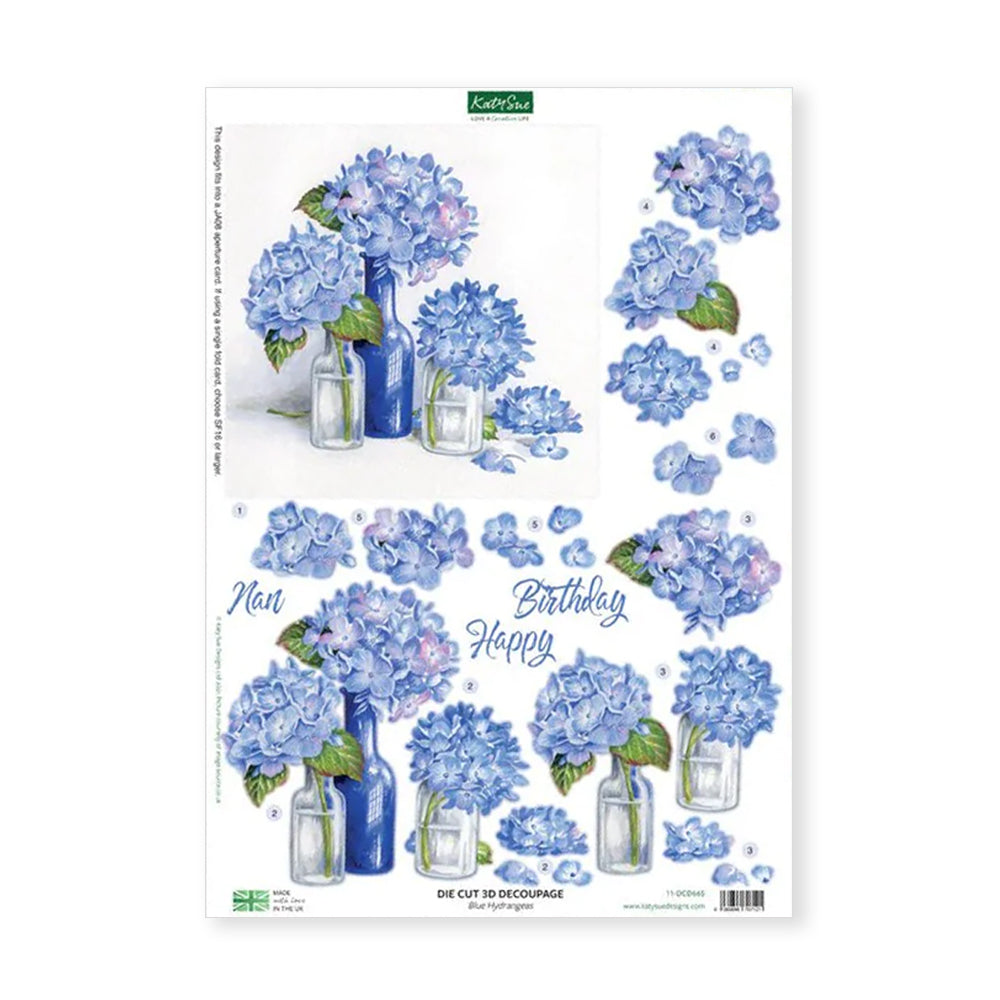 3D Push Out Sheet - Katy Sue - Blue Hydrangeas - One Sheet
