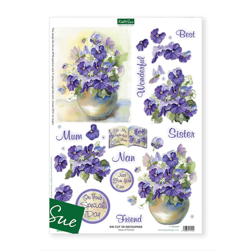 3D Push Out Sheet - Katy Sue - Vase of Pansies - One Sheet