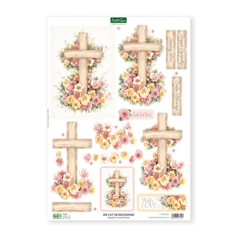 3D Push Out Sheet - Katy Sue - Wooden Cross & Roses - One Sheet