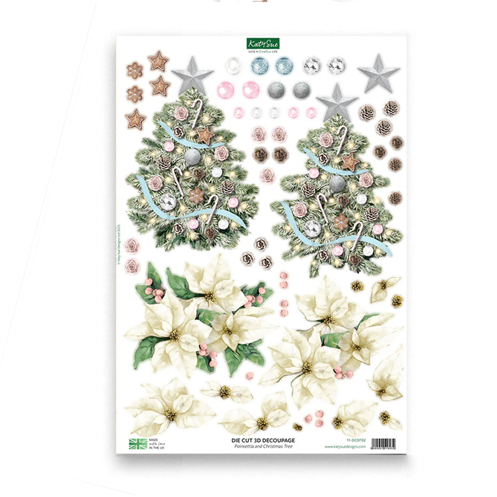 3D Push Out Sheet - Katy Sue - Poinsettia and Christmas Tree - Pastel - One Sheet