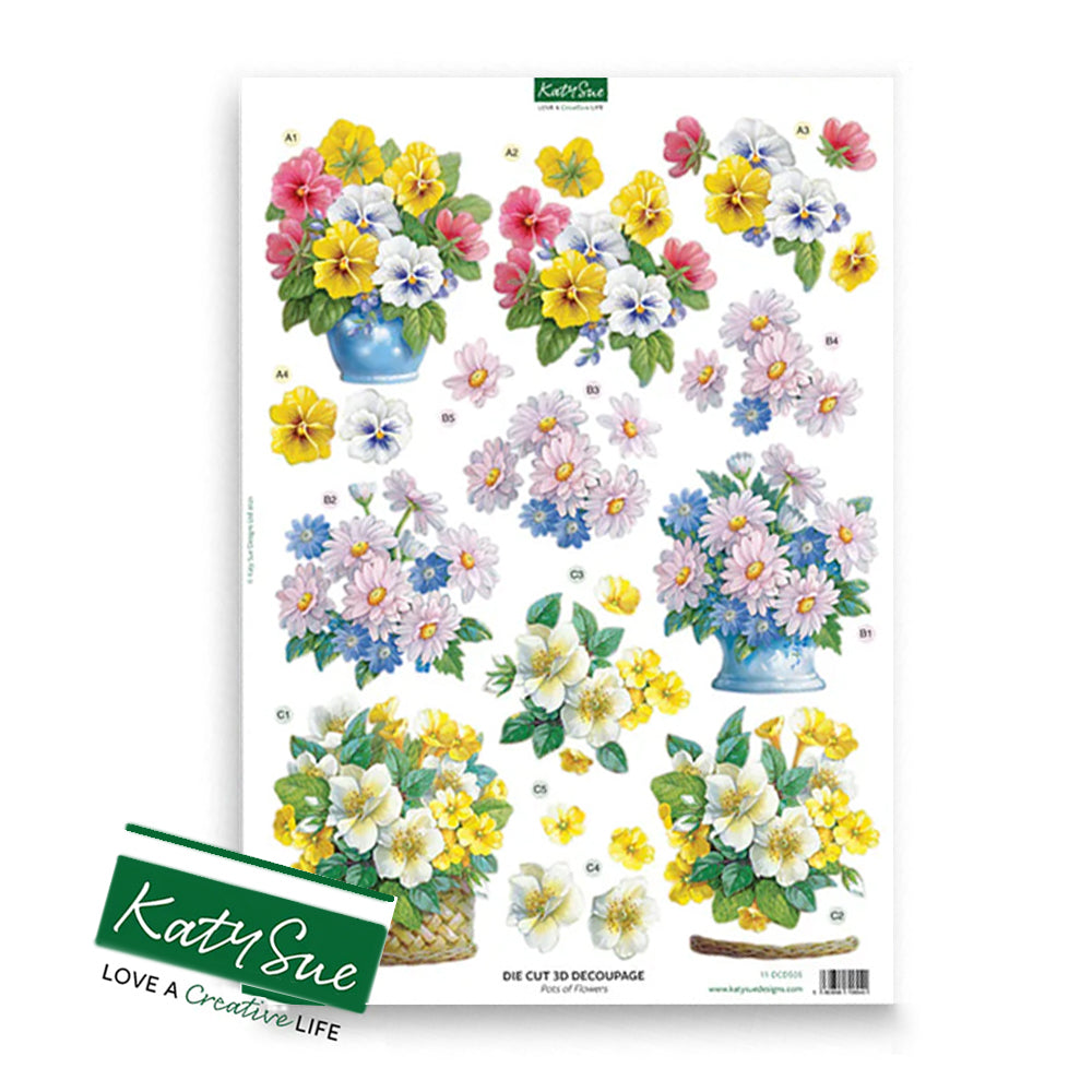 3D Push Out Sheet - Katy Sue - Pots of Flowers - One Sheet