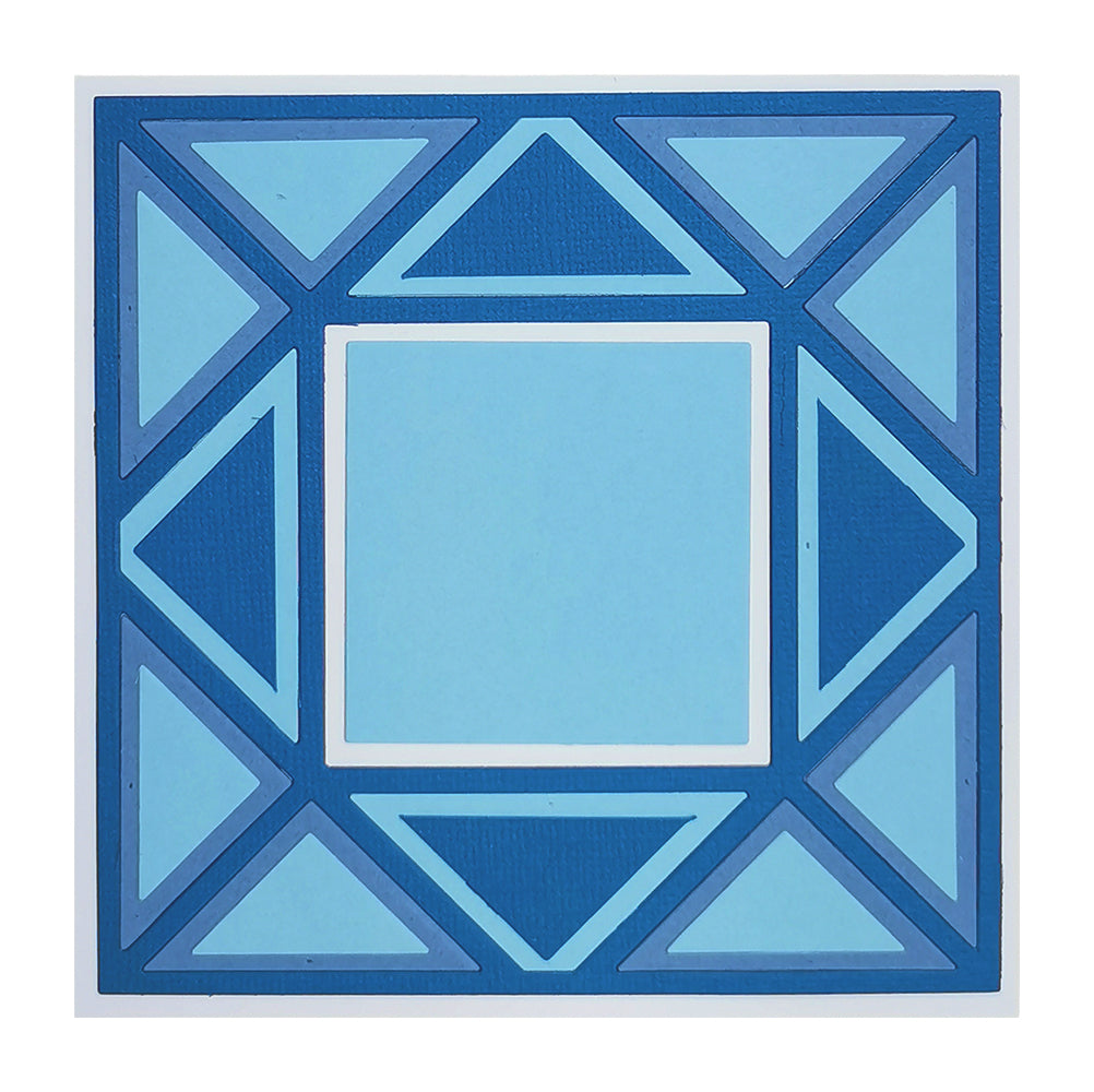 Cutting die which makes a geometric pattern with blue triangles and squares on a white background