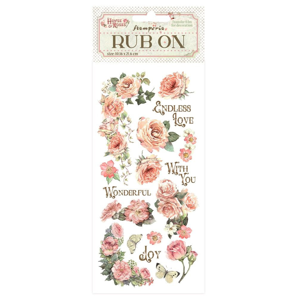 Decorative rub-on transfers with floral designs and text on a white background