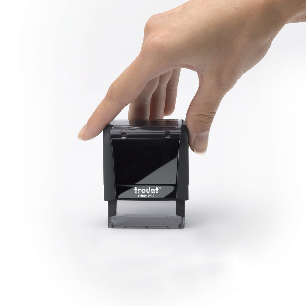 Trodat  Custom Self Inking Rubber Stamp front view hand holding unit