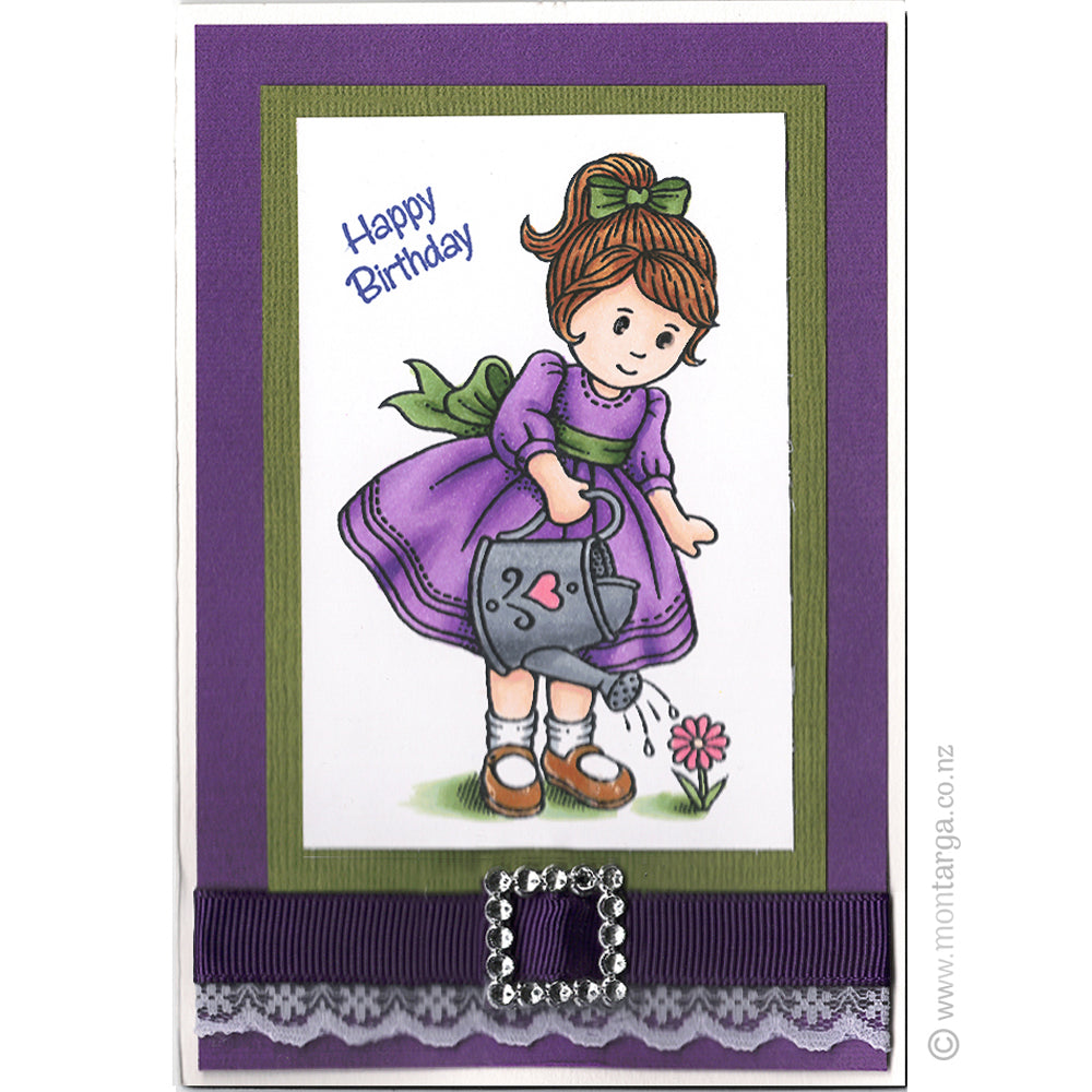Card Sample - Girl with Watering Can - Purple