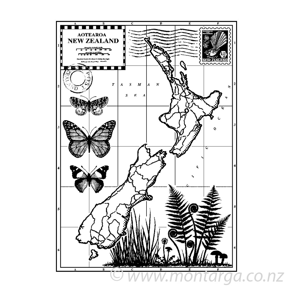 0603 J Aotearoa New Zealand Map Collage Rubber Stamp
