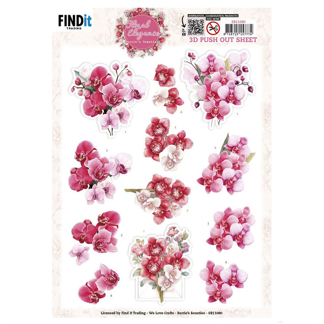 Sheet of pink floral 3D push outs with pink orchids on a white background