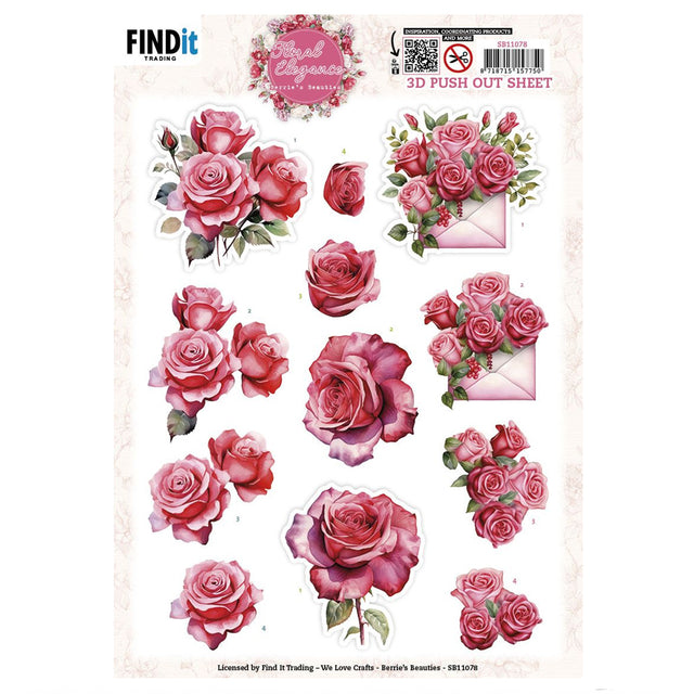 Sheet of 3D push-out rose designs with pink roses on a white background.