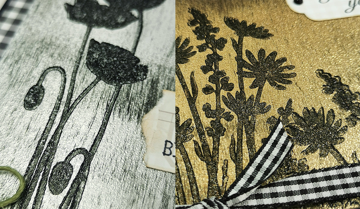 Card Sample - Black Ice Technique - Gold Wildflowers