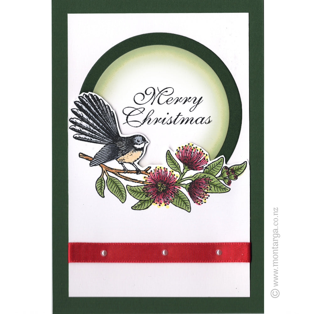 1400 GG Fantail Pīwakawaka on Pōhutukawa Branch Rubber Stamp