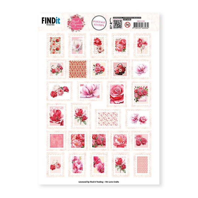 Sheet of decorative postage stamps with floral designs on a white background