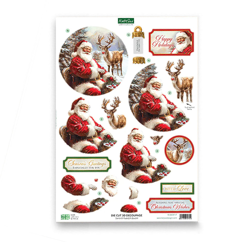 3D Push Out Sheet - Katy Sue - Christmas Bauble - Santa and Rudolph - One Sheet