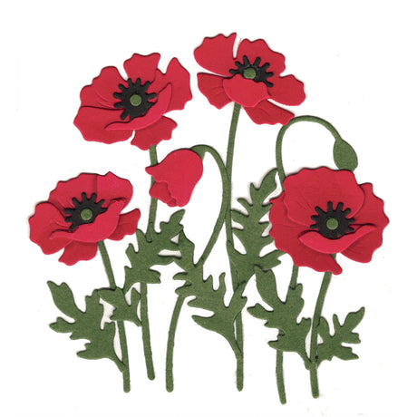 Red poppies with green stems and leaves on a white background