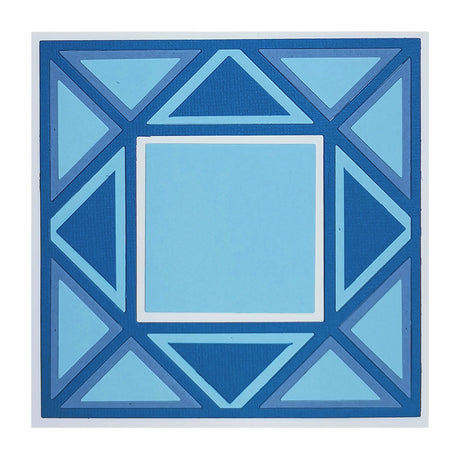 Cutting die which makes a geometric pattern with blue triangles and squares on a white background