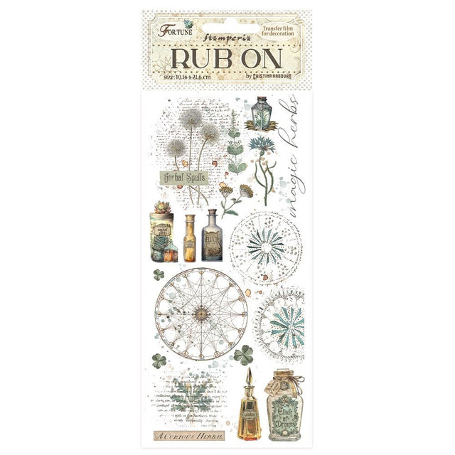 Rub On transfer sheet with botanical designs and text on a white background