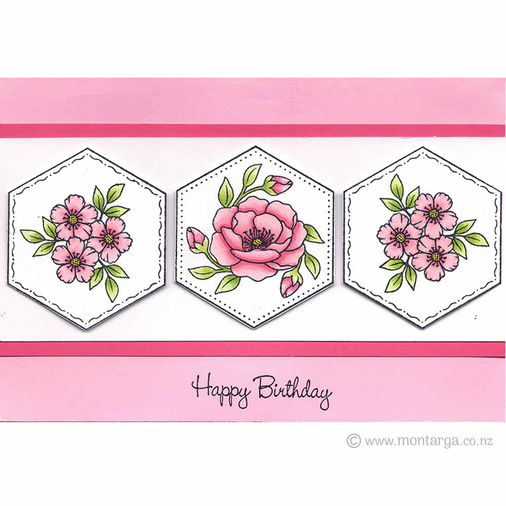 3462 F - Three Flower Hexagon Rubber Stamp